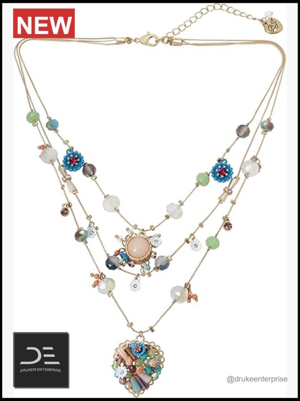 Woven Charms Layered Necklace with Mixed Beads, Heart Pendant, Lobster Clasp